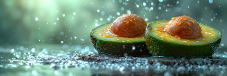Fresh avocado with drops of water on a dark background. 3d illustrationの素材