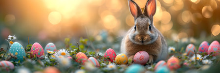 Easter bunny and easter eggs on green grass with bokeh backgroundの素材