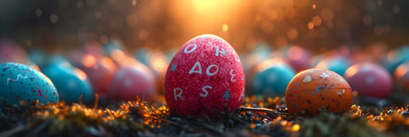 Colorful painted easter eggs on moss and bokeh backgroundの素材