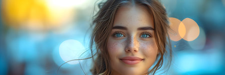 Portrait of a beautiful young woman with blue eyes. Blurred background.の素材