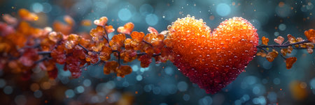 Water drops on a red heart on the branches of a tree.の素材