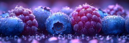 Blueberries and raspberries in water drops. 3d illustrationの素材