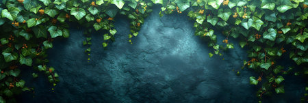 Green ivy leaves on dark blue wall background with copy space.の素材