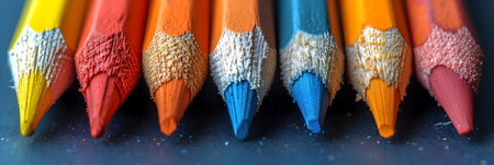 Close-up of colored pencils on a dark blue background.の素材
