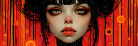 Portrait of a girl with a painted face on a red background.の素材