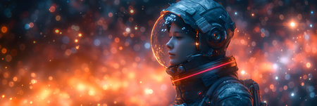Astronaut woman in space suit. Science fiction wallpapers. Mixed mediaの素材