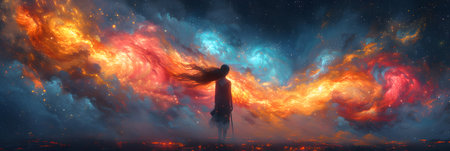 Fantasy illustration of a woman standing in the middle of a stormy galaxy.の素材