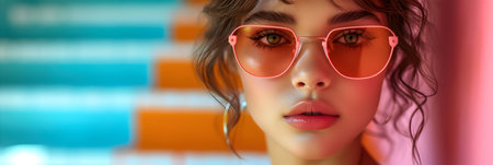 Portrait of a beautiful young woman in red sunglasses. 3d rendering.の素材