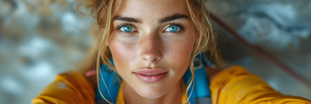 Portrait of a beautiful young woman with blue eyes in a yellow jacket.の素材