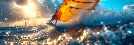 Windsurfing in the sea at sunset. 3D illustrations.の素材