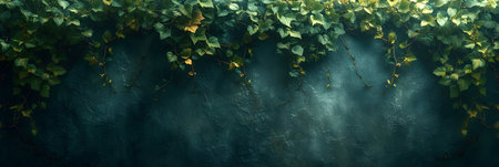 Green ivy leaves on dark blue background, panoramic bannerの素材