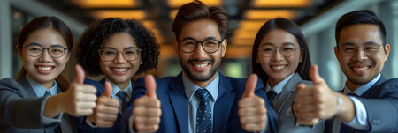 Group of happy smiling business people showing thumbs up sign in office.の素材