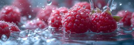Fresh raspberries falling into water with splash, close-upの素材
