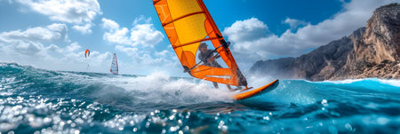 Windsurfing in the sea. Extreme sports. Panoramic bannerの素材
