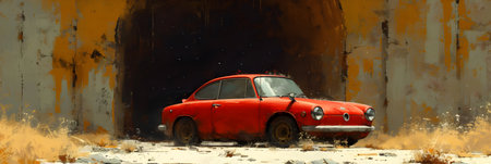 Abandoned red car in the desert. 3d rendering.の素材