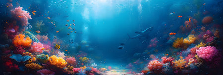 Underwater world with corals and tropical fish. 3d renderの素材