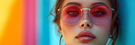 Portrait of a beautiful girl with bright makeup and red sunglasses.の素材