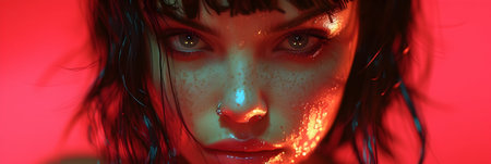 Close-up portrait of a beautiful girl with red make-upの素材