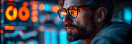 Portrait of a bearded man in glasses looking at the monitor.の素材