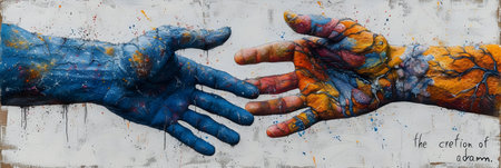 Hands of two people painted with colorful paint on a concrete wallの素材