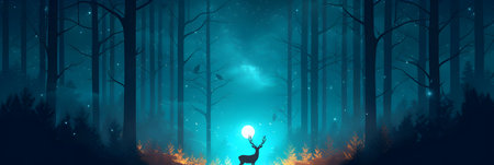 Deer in the forest at night with fog. Vector illustration.の素材