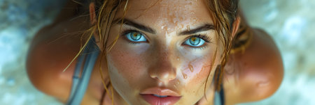 Portrait of a beautiful young woman with blue eyes and wet hairの素材