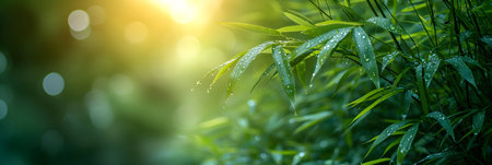 Bamboo leaves with water drops in the morning, nature background.の素材