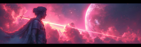 Fantasy landscape with the image of the ancient Greek goddess Athena.の素材