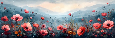 Watercolor meadow with poppies and wildflowers.の素材