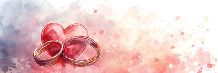 Valentine's day background with two wedding rings on watercolor backgroundの素材