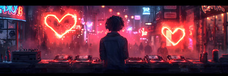 Hipster DJ playing music at night club. Nightlife concept.の素材