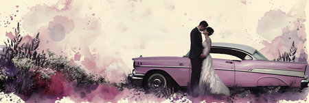 Wedding Couple in Vintage Car. Colorful Background.の素材