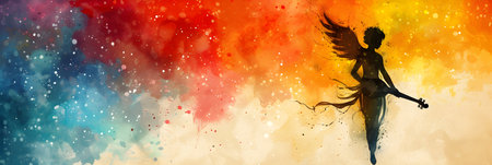 Beautiful silhouette of a woman with wings on a colorful background.の素材