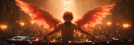 Young female DJ playing music on a dj's deck with wings.の素材