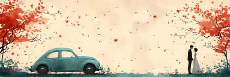 Couple in love on a background of autumn landscape with a retro carの素材