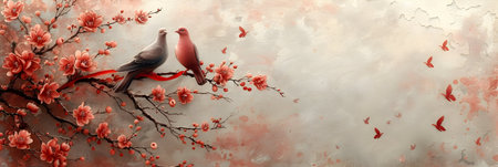 Chinese New Year background with plum blossom and two pigeons.の素材