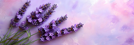 Bouquet of lavender flowers on a colored background. Top view.の素材