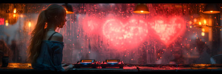 Young woman in a night club with a red heart on the backgroundの素材