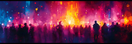 Dancing people silhouettes at a music festival. Vector illustration.の素材