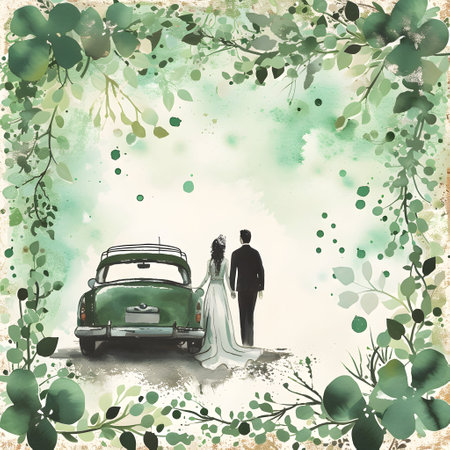 Groom and bride standing near retro car with green leaves. Wedding invitation card.の素材