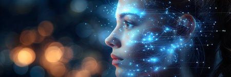 Close up of female face with glowing brain hologram. 3D renderingの素材