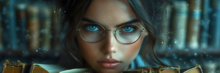 Close-up portrait of a beautiful girl in glasses and a book in the library.の素材