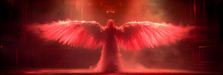 Angel with wings in a dark room with lights and smoke, 3d illustrationの素材