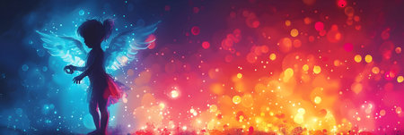 Angel with wings on colorful bokeh background. 3D renderingの素材