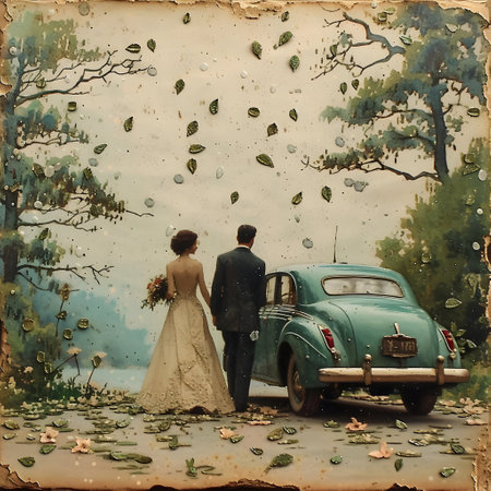 Bride and groom on the background of an old car in the forestの素材