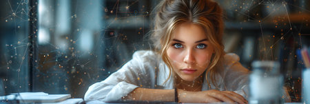 Portrait of young beautiful businesswoman sitting at her desk in office.の素材