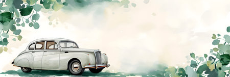 vintage car in watercolor style with eucalyptus leavesの素材