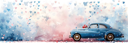 Romantic background with blue retro car and hearts. Vector illustration.の素材