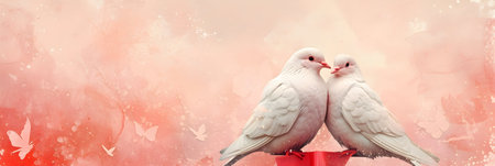 Pair of white doves on a red background with copy spaceの素材
