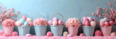 Wicker baskets with painted Easter eggs and flowers on light blue backgroundの素材